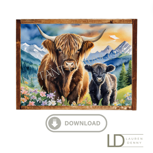 Watercolor Momma and Calf Floral Instant Digital Download; Highland Cow; Fluffy Cow Cattle Photography