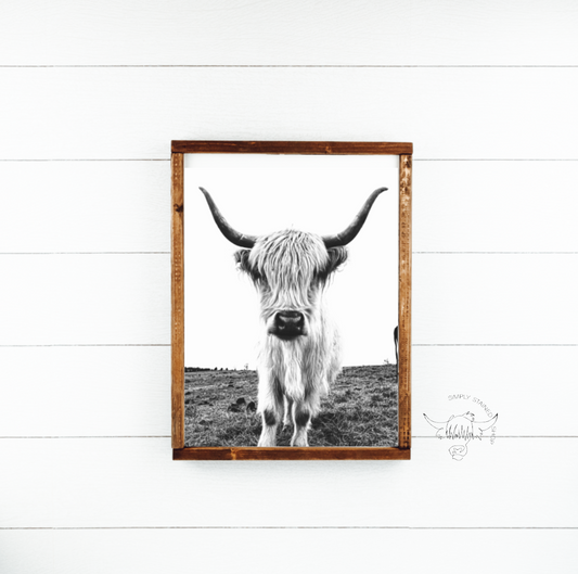 Denarys Black White Highland Cow fluffy farmhouse wood sign
